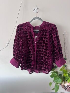 Anthropologie Wine/Bordeaux Velvet Heart Button-Front Blouse